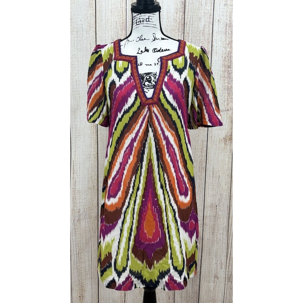 Trina Turk Silk Shift Dress Size 6 Multicolor Ikat Print Short Sleeve V Neck
